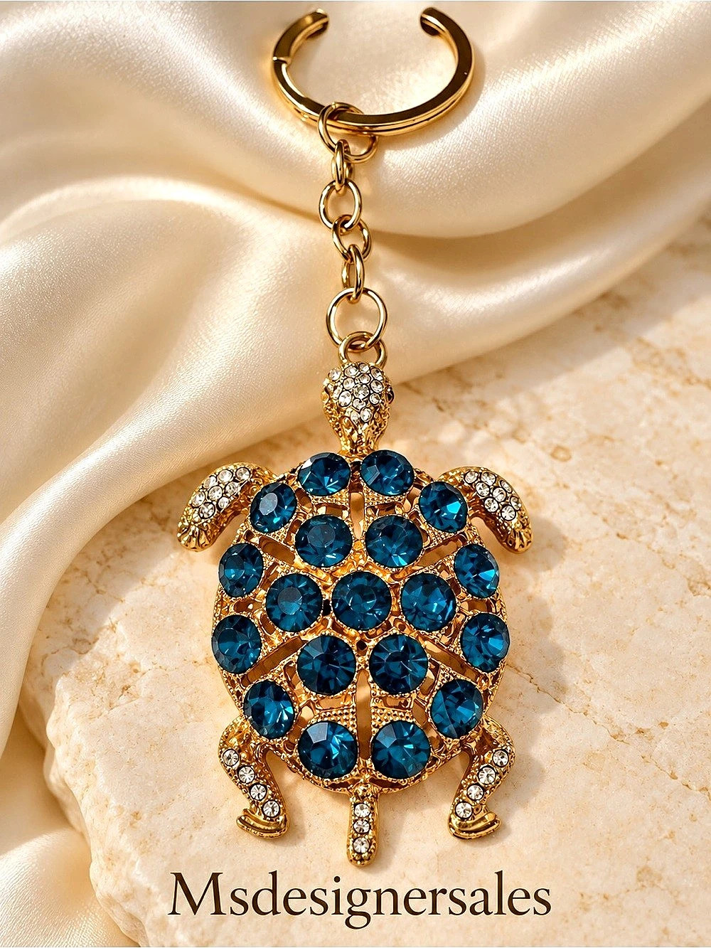 Turtle Rhinestone Keychain in Blue & Gold Like New 235